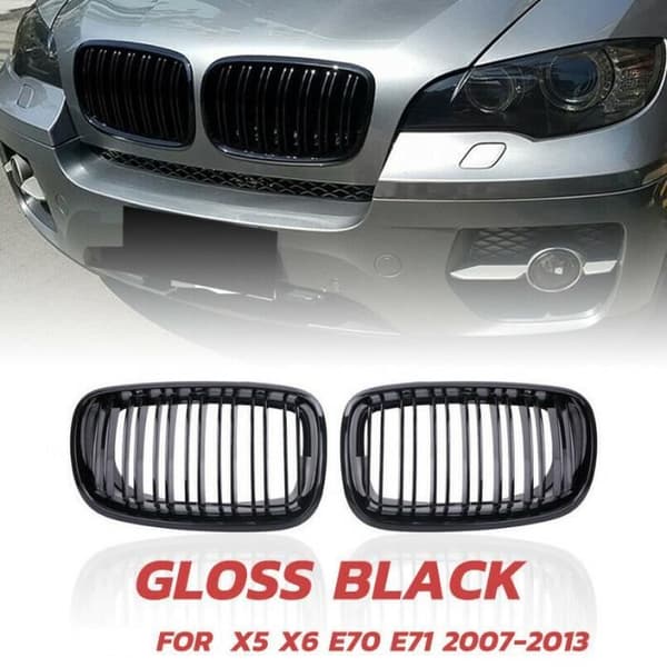 X5 X6 Grill, Dobbelt Nyregrill Front til 2007-2013 BMW X5 E70 X6 E71 (Blank Sort ABS Grill, Sæt af 2)
