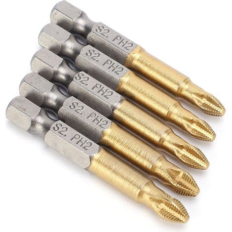 Sæt med 5 PH2 Phillips skruetrækkerbits med skridsikker spids, 1/4 tomme sekskantet skaft, 50 mm