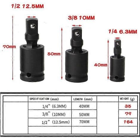 Sett med 3 universalleddadaptere 1/2\", 3/8\" og 1/4\" med kule- og fjærsystem slaguniversalleddadaptere for piper og bits