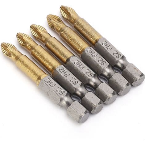 Sæt med 5 PH2 Phillips skruetrækkerbits med skridsikker spids, 1/4 tomme sekskantet skaft, 50 mm