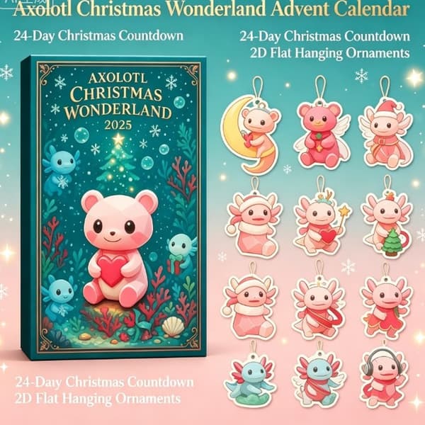 Axolotl juleeventyrland julekalender 2026, 24-dages nedtælling til jul med 2D flade axolotl hængepynt