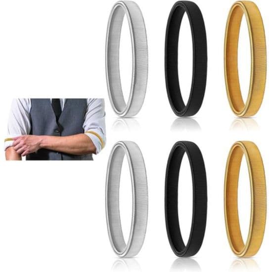 Sæt med 6 - Ærmeholdere - Elastiske metalarmbånd - Til kvinder og mænd - 2 sølv, 2 guld, 2 sort
