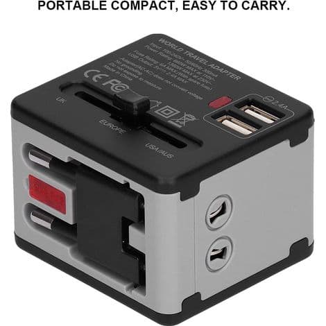 Universal reiseadapter, internasjonal strømadapter med 2 USB-porter, 100V til 240V plugglader for USA, AU, Storbritannia, EU, dekker 220 land (grå)