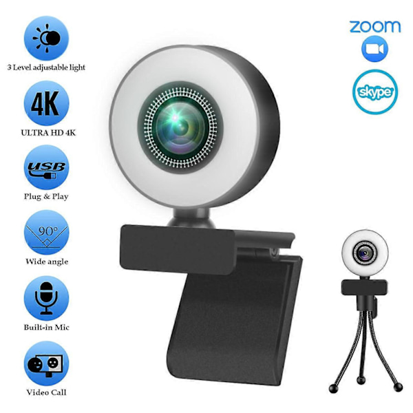 1080P 2K 4K HD Webbkamera med Ringljus Laptop PC Dator Live Sändningskamera Video Webbkamera Mikrofon Web Cam
