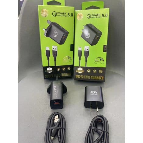 Hurtig USB QC3.0 oplader med europæisk stik, adapter og kabel til Android smartphones