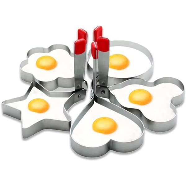 sett med 5 eggeformer i rustfritt stål: hjerte, blomst, stjerne, Mikke Mus og runde former