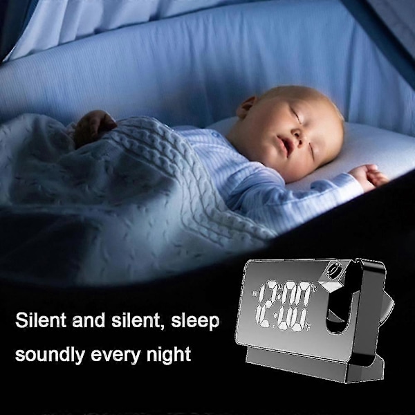 Projektionsväckarklocka för sovrum, digital väckarklockradio med dimmer och USB-laddningsportar, 180° roterbar projektor, dubbla alarm, snooze, tydlig LED-display