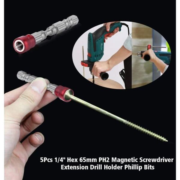 S2 Skruetrækkerbits, 5 stk., Magnetisk Phillips Hoved PH2, Adaptere med Magnet og Dybdestop (Farve)