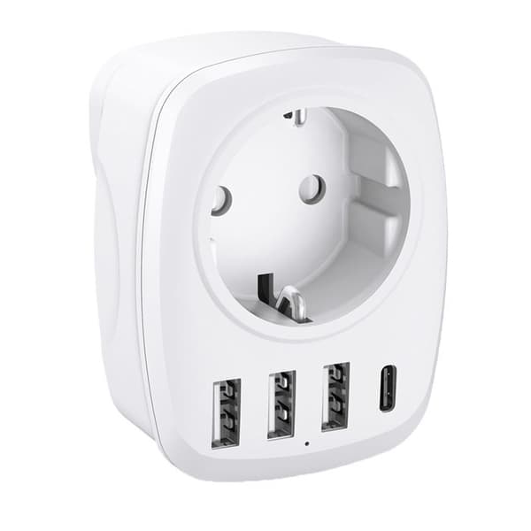 EU/UK Rejseadapter - 4 USB-porte - Hvid - Voltman