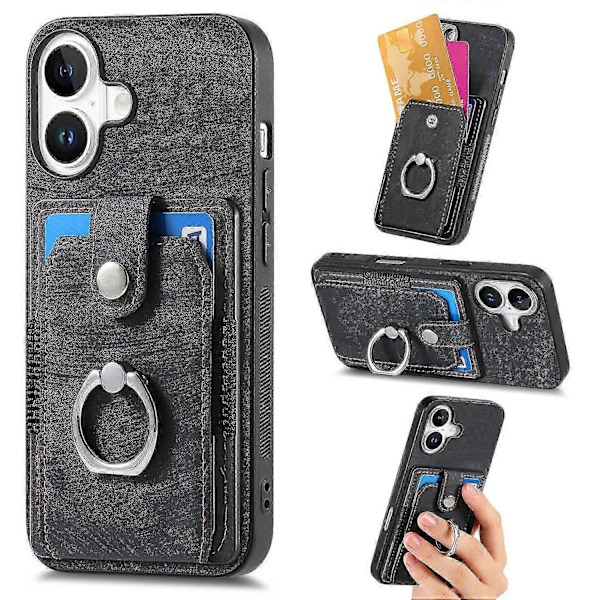 D2 Fodral för iPhone 16 Plus med Ställ Läder+TPU Halkfritt Skyddande Skal Kortfack - Brun