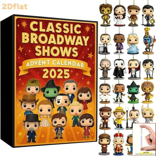 Klassisk Broadway Shows Julekalender 2026, 24-dages nedtælling til jul med 2D flade Broadway-karakterophæng