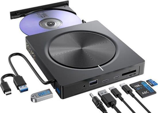FOSMET Ekstern CD/DVD-leser/-brenner, USB 3.0 og USB-C DVD-brenner med 2*USB-A, 2*USB-C og SD/TF-spor, Optisk CD for
