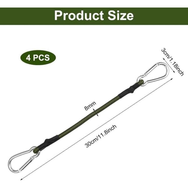 Elastiske Bungee-snore med karabinhage, 30 cm, pakke med 4, camping, bagage