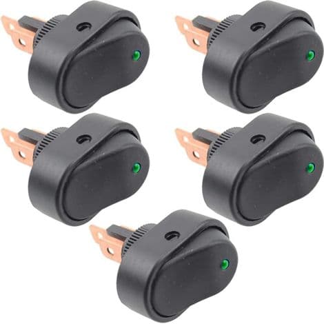 Pakke med 5 12V 30A SPST 3-benede vandtætte LED vippekontakter til bil, båd, marine grøn LED
