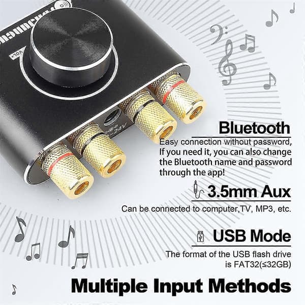2.0-kanals 20W+20W Bluetooth-förstärkare med fjärrkontrollfunktion, stöder Bluetooth/USB/AUX-ingång