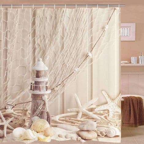 Stoff dusjforheng med ringer - 200 x 200 cm - Skjellmønster - Digitaltrykk - Polyester - Muggresistent - Beige