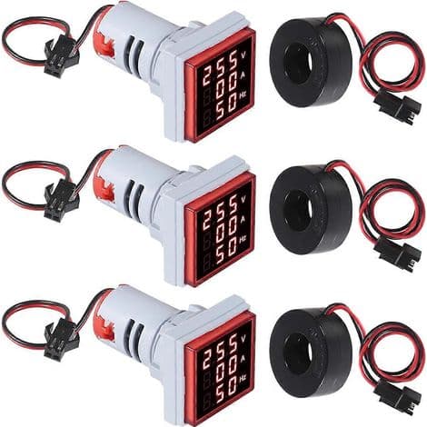 Sæt med 3 digitale 3-i-1 amperemeter-voltmeter (60-500 V, 0-100 A) med LED-display, spændingsdetektor og strømmåler.