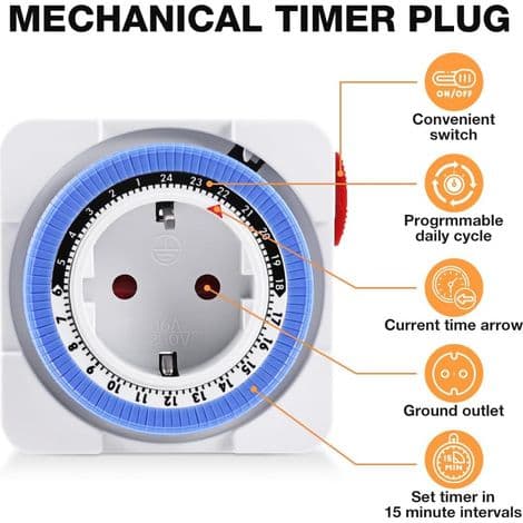 Mekanisk timer, 2 stk. timerstik, indendørs mekanisk programmerbart stik, mekanisk timerkontakt til stik, 24-timers timer