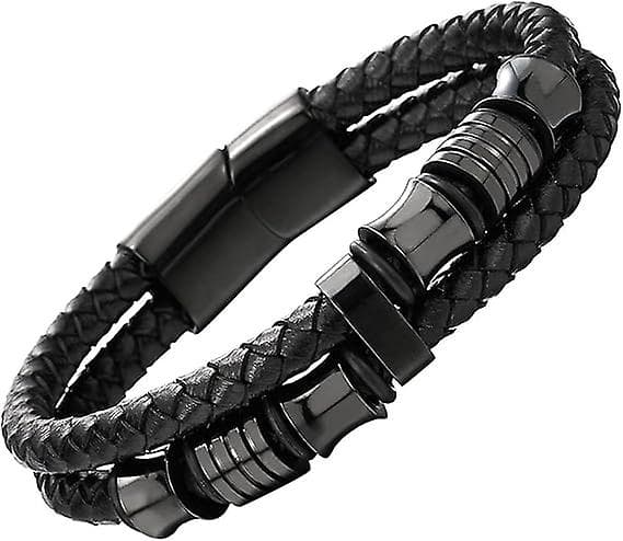 Herre dobbelt-rækket flettet læderarmbånd armring med rustfrit stål ornamenter sort-sort