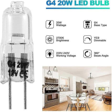 Förpackning med 20 G4 halogenlampor, 20 W, 12 V, 2 stift, klar, för köksbelysning, signalering.