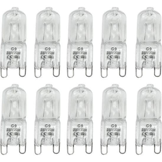 Förpackning med 10 G9 halogenlampor - Varmvit 25W AC 230V