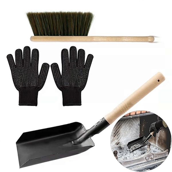 3 Delar/Set Städset för Inomhuseldstad Camping Grill Eldstad Askskyffel Eldstad Borste Svarta Silikonhandskar Kit QingHai