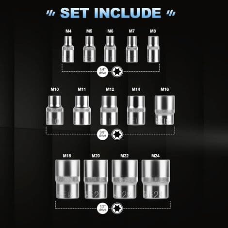Torx-hylsyavainsarja 1/4\", 3/8\", 1/2\", E Torx -profiilihylsyt E4, E5, E6, E7, E8, E10, E11, E12, E14, E16, E18, E20, E22, E24 kotelolla