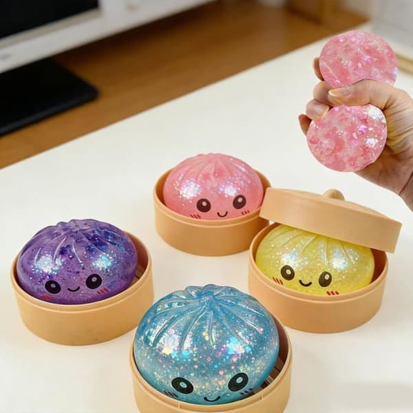 Dumplings Squishy, Glitter Dumpling Squishy Legetøj med Damperkasse, Søde Glitter Regnbue Dumplings Squishiest med Ansigt