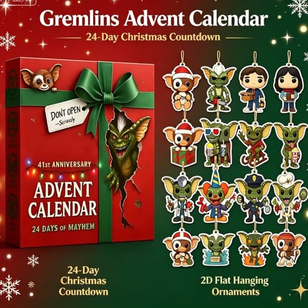Gremlins Julekalender 2026, 24-dagers nedtelling til jul med 2D flate Gremlins-karakterer som hengende ornamenter