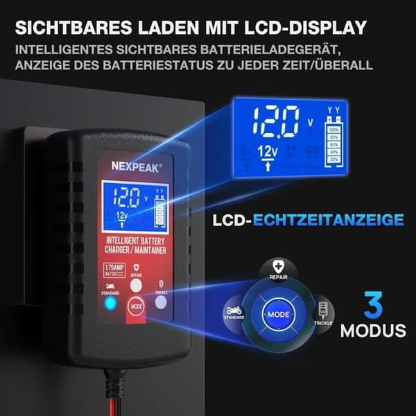 Batterioplader - NETBOAT - 6/12 V - 2 A - Batterivedligeholder - Universal