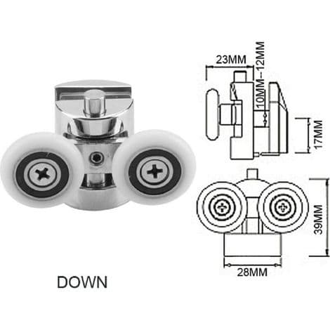 Sett med 4 doble ruller - for skyvedører til dusj, 2 x 23 mm diameter sinklegeringshjul til baderom