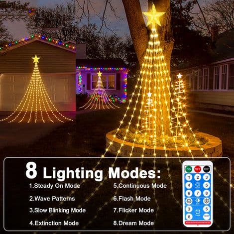 Juletrelyslenke, 9 stk. 2M 198 LED solcelledrevne innendørs/utendørs lys, 8 moduser med fjernkontroll