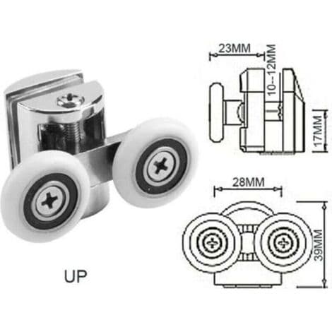 Sæt med 4 dobbeltruller - til skydedør til bruser, 2 x 23 mm diameter zinklegeringshjul til badeværelse -