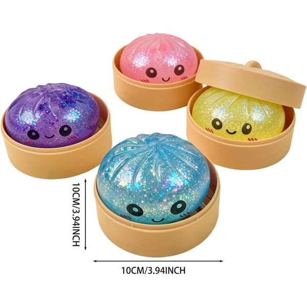 Dumplings Squishy, Glitter Dumpling Squishy Legetøj med Damperkasse, Søde Glitter Regnbue Dumplings Squishiest med Ansigt