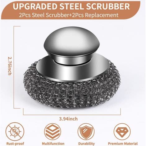 Sett med 4 stålullbørster med utskiftbare metallsvampputer, børster i rustfritt stål med håndtak, jern (2 børster + 2 puter)