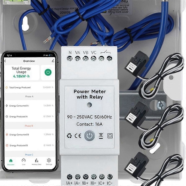 Tuya Smart Life WiFi Energimätare Dubbelriktad 3-fas med Torr Kontakta Brytare App Övervakning 80A AC11