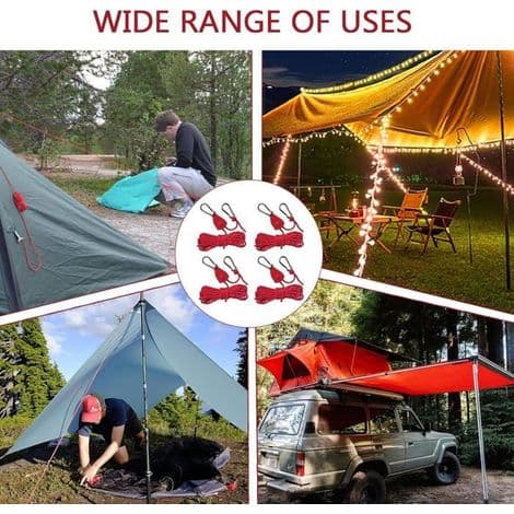 4-delat rött campingrep, spännrep med spännare för utomhustält