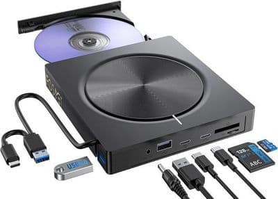 FOSMET Ekstern CD/DVD-leser/-brenner, USB 3.0 og USB-C DVD-brenner med 2*USB-A, 2*USB-C og SD/TF-spor, Optisk CD for