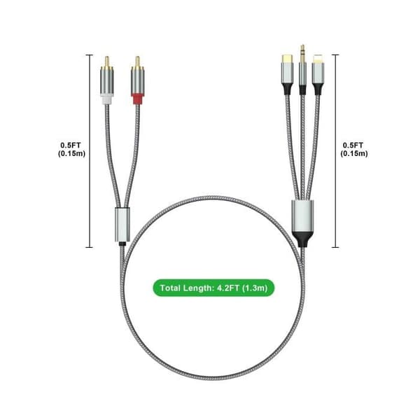 3-in-1-äänikaapeli – 1,3 m – Lightning/RCA/USB-C–RCA/3,5 mm – Auto, kotiteatteri, kaiuttimet – Monipuolinen