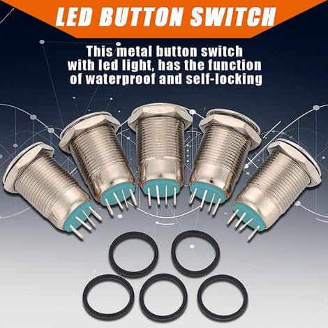 Förpackning med 5 vattentäta tryckknappsbrytare i metall, 12 mm, 2 A/36 V, med blå LED