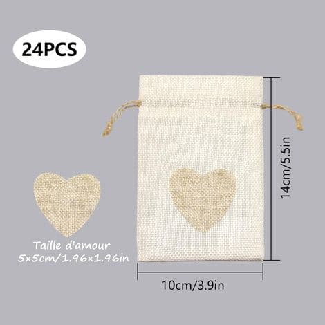 24 stk hjerteformede juteposer 10x14CM, til bryllupsgaver, søtsaker, gaver, dåp, bursdag, jul, små (beige)