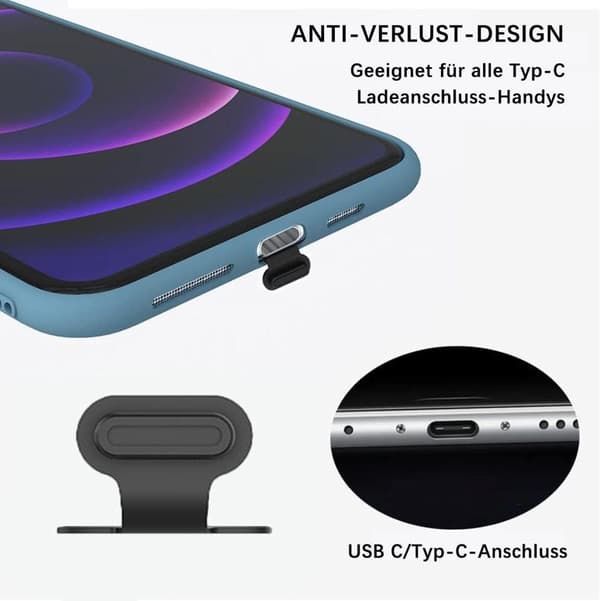8-pack dammskydd för mobiltelefoner - kompatibel med USB-C/Lightning, dammtät, hållbar och förlustsäkra kontaktskydd Svart