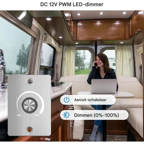 12V LED Dimmer - 5A 60W Vridströmbrytare - 0-100% Steglös Dimning - För Husbil, Båt, Husvagn - Vit
