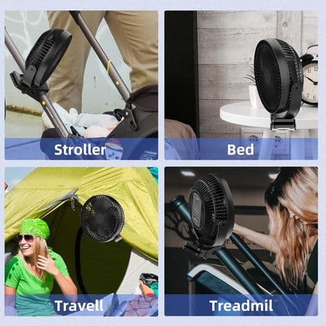 USB-bordventilator, genopladelig bærbar ventilator, 20 cm clip-on ventilator, kraftfuld, 4 hastigheder, 360° rotation, dobbelt USB-interface