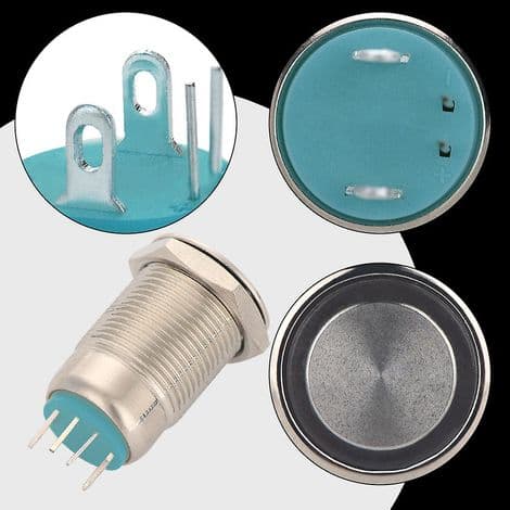 Pakke med 5 vanntette trykknappbrytere i metall, 12 mm, 2 A/36 V, med blå LED