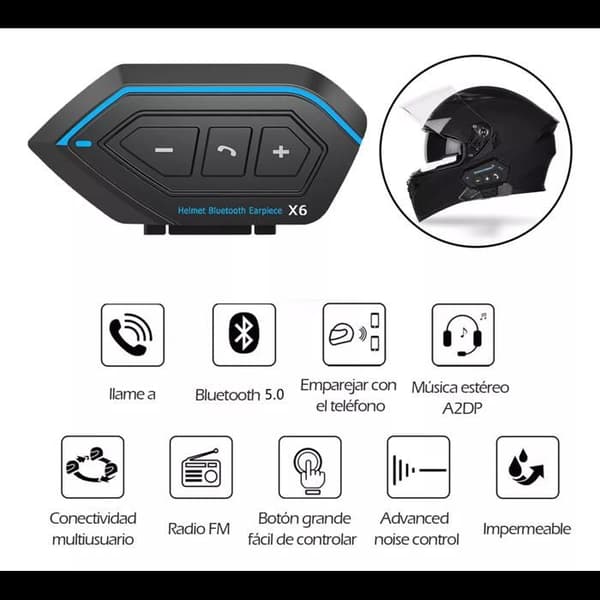 Motorsykkel Bluetooth 5.0 Intercom, Bluetooth Hodesettsett for Motorsykkelhjelm Intercom - Blå/Svart