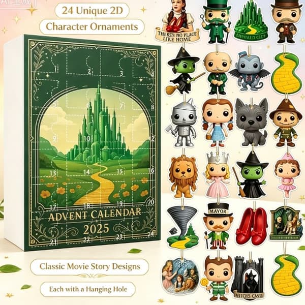 Wizard of Oz Julekalender 2026, 24-dagers nedtelling til jul med 2D flate karakteroppheng