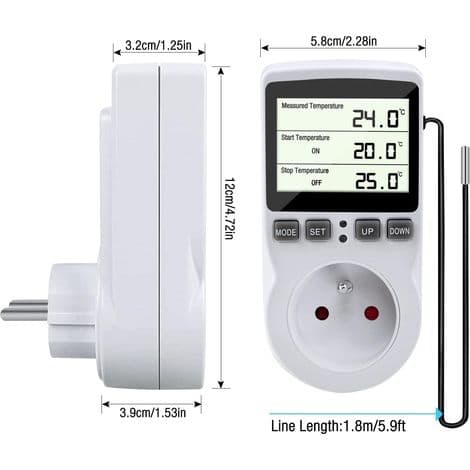 Termostatkontakt, digital temperaturregulator, programmerbar digital kontakt med sond, programmerbar digital timer, termostatkontakt för växthus och