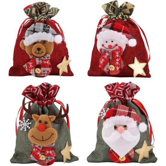 Julklappspåsar med dragsko, tomte- och snögubbeklappspåsar, godisförpackningspåsar