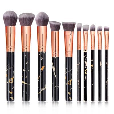 Sæt med 10 marmor makeupbørster til foundation, pudder, blush, blending, øjenskygge